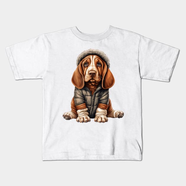 Winter Basset Hound Dog Kids T-Shirt by Chromatic Fusion Studio